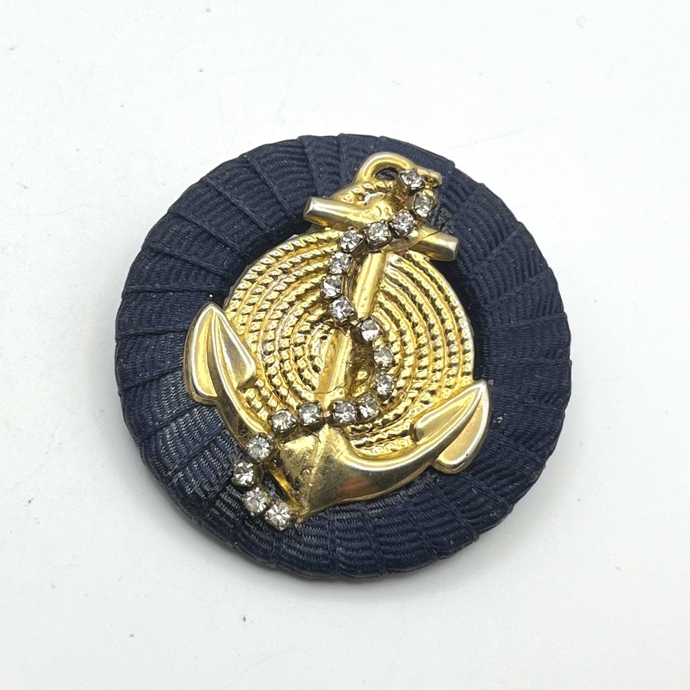 Vintage Nautical Navy Blue Gold Tone Rhinestone Anchor Brooch Pin 2 Inch